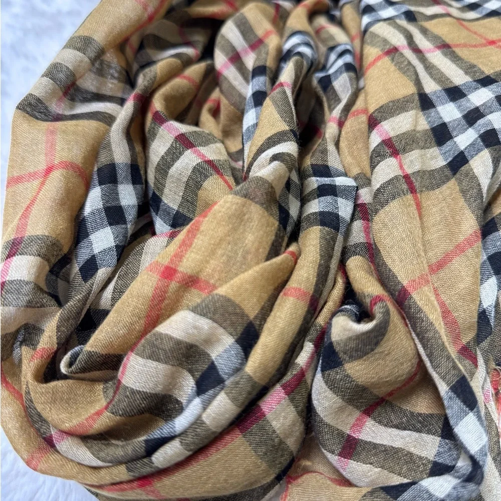 Burberry Wool Silk Checkered Antique Lightweight Large Scarf, Tan / Black - Picture 6 of 9
